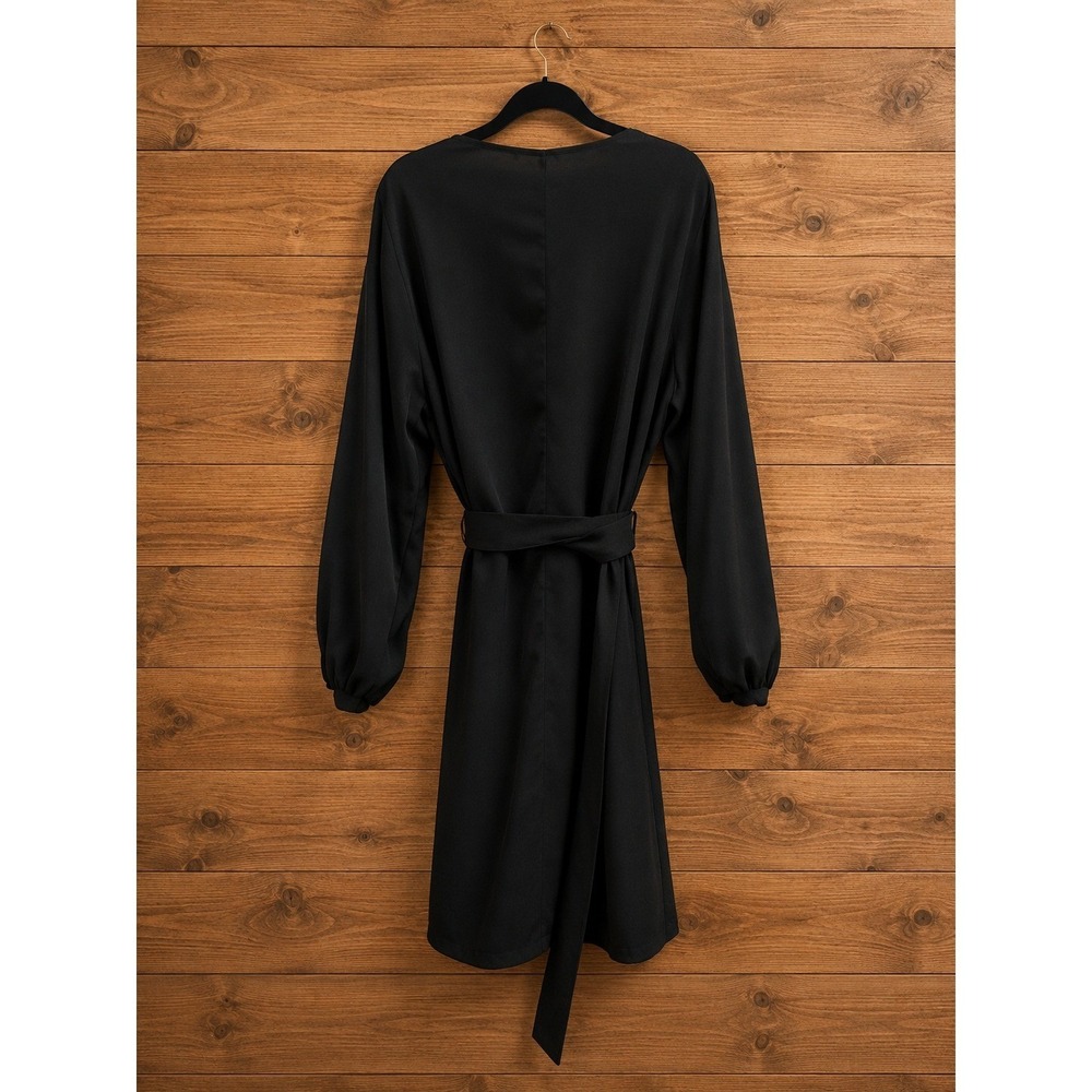 Black Long Sleeve Tie Waist Mini Dress Lantern‎ Sleeve Crew Neck Solid